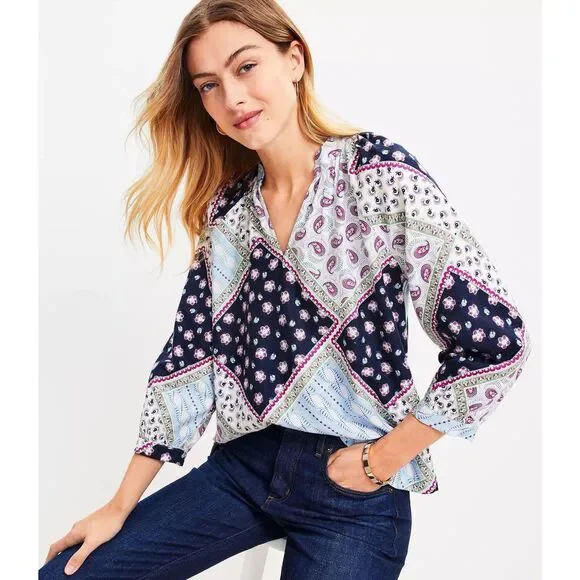 Loft Linen Blend Patchwork Blouse Top Balloon Sleeve Peasant Floral Paisley Med - Picture 3 of 16